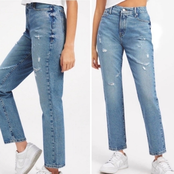 NWT Good American Good Classic Skinnyish Hi Rise Distressed Indigo Jeans Size 4 - Picture 1 of 14